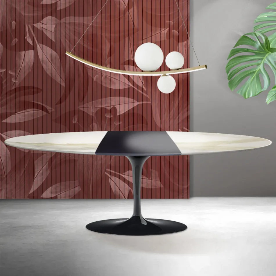 Masă Saarinen Tulip extensibilă H 74 cm în ceramică Florim Calacatta aurie mată - Scarlet Viadurini