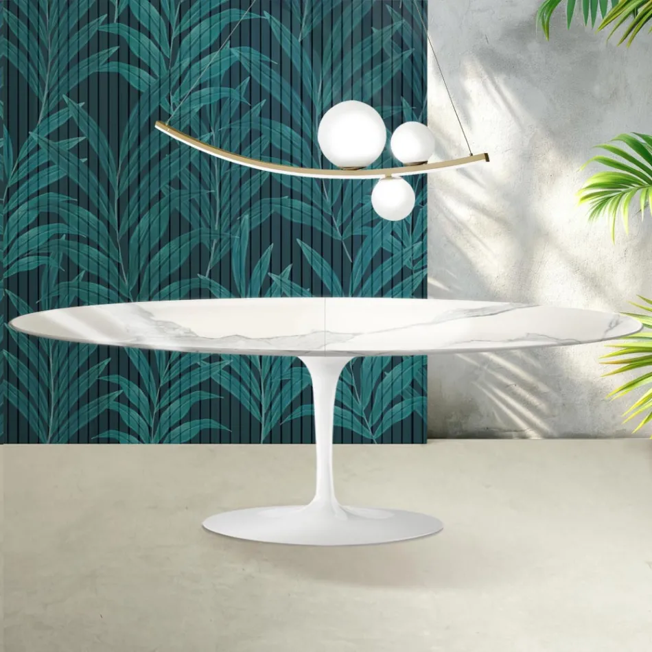 Masă Saarinen Tulip extensibilă H 74 cm în ceramică lucioasă Florim Statuario - Stacojiu Viadurini