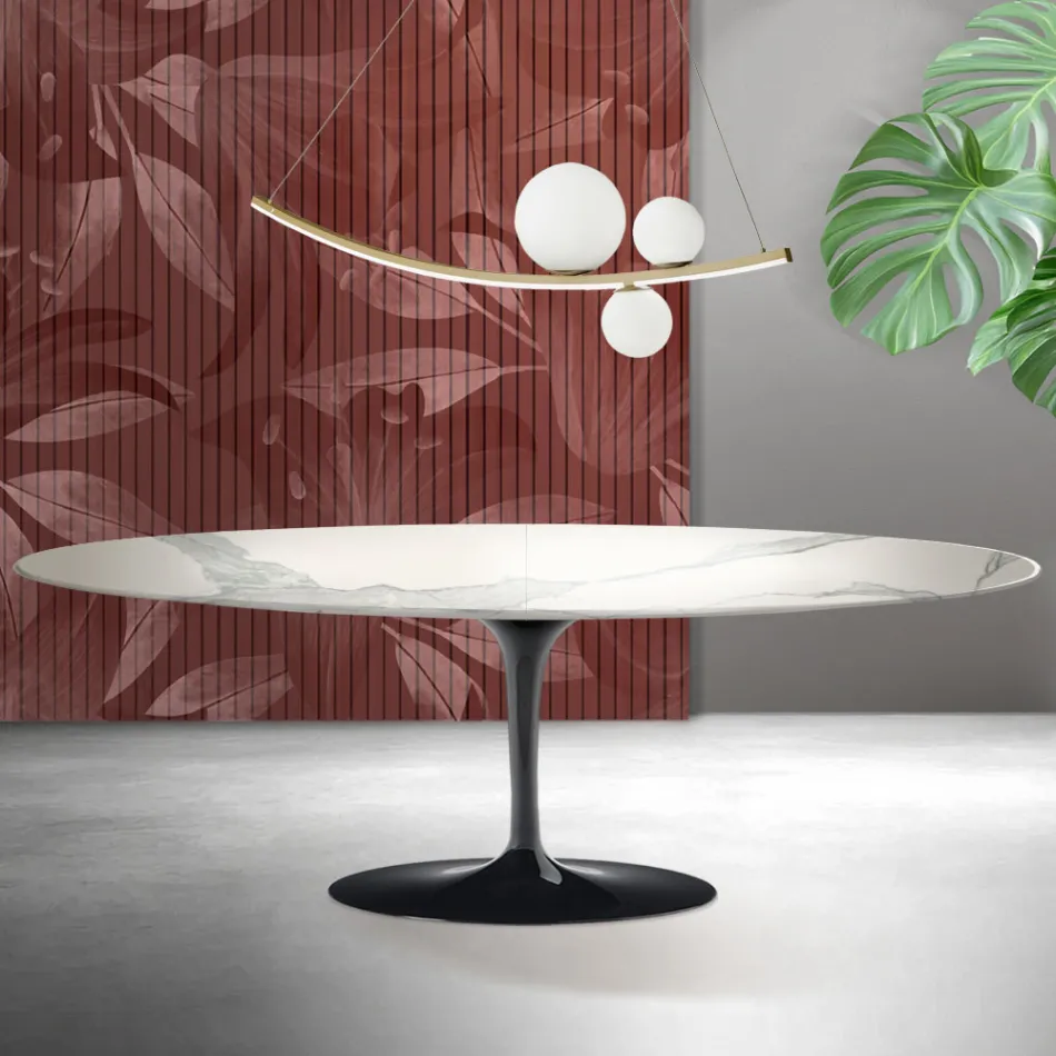 Masă Saarinen Tulip extensibilă H 74 cm în ceramică mată Florim Statuario - Stacojiu Viadurini