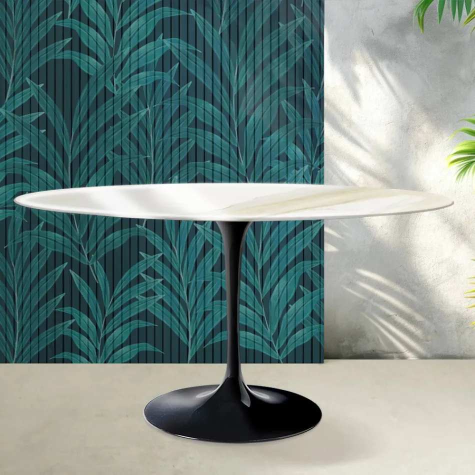 Masă Saarinen Tulip rotundă, 74 cm, în ceramică Florim Calacatta aurie lucioasă - Scarlet Viadurini