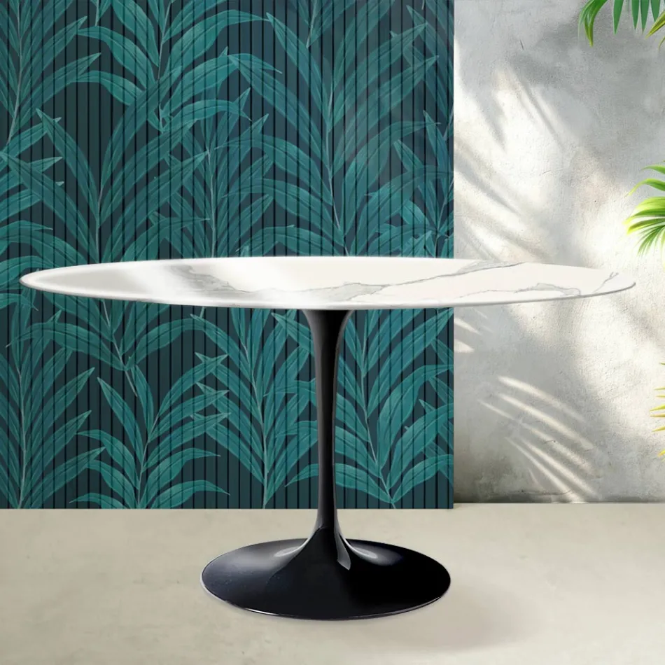 Masă Saarinen Tulip rotundă, 74 cm, în ceramică lucioasă Statuario Florim - Stacojiu Viadurini