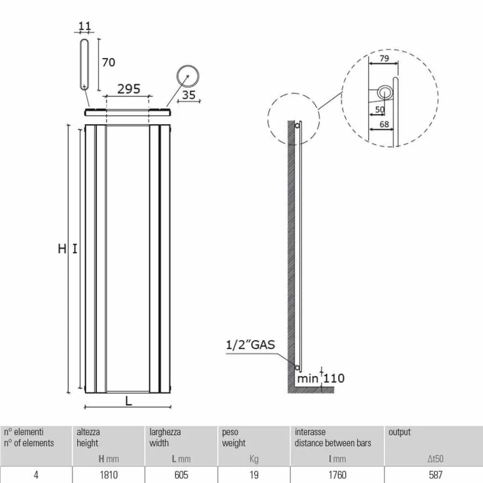 Radiator de baie vertical din oțel cu oglindă 587 W - Picchio Viadurini