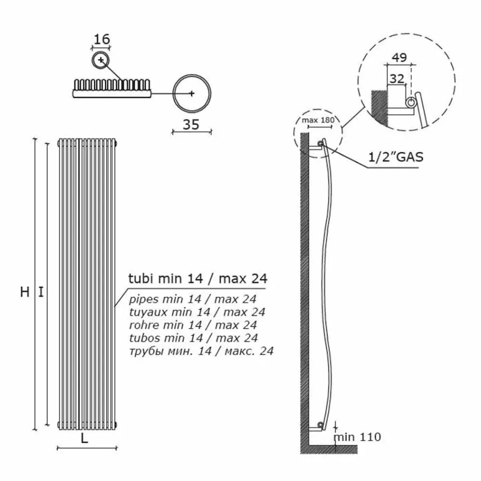 Radiator vertical pentru baie Design modern ondulat 1181 wați - Tucano Viadurini