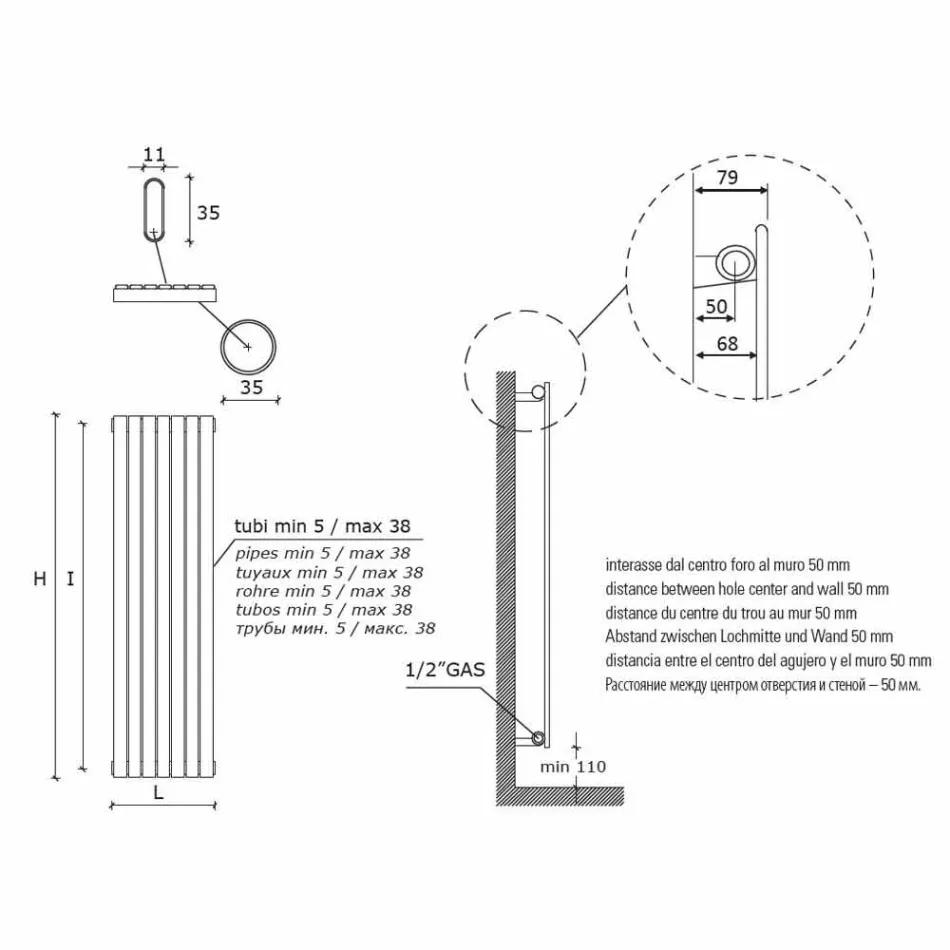 Radiator de perete hidraulic vertical de design modern până la 1224 wați - Regolo Viadurini