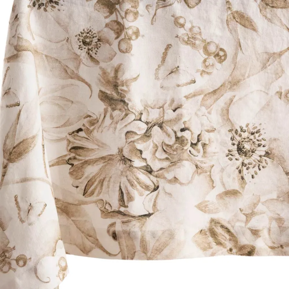 Față de masă din in imprimat și spălat haine cu un design floral luxuriant - Mângâiere Viadurini