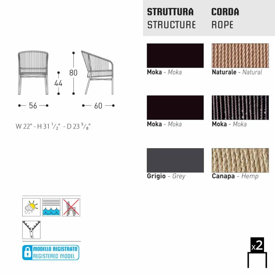 Varaschin Cricket scaun cu exterioare, 2 bucăți țesute manual Viadurini