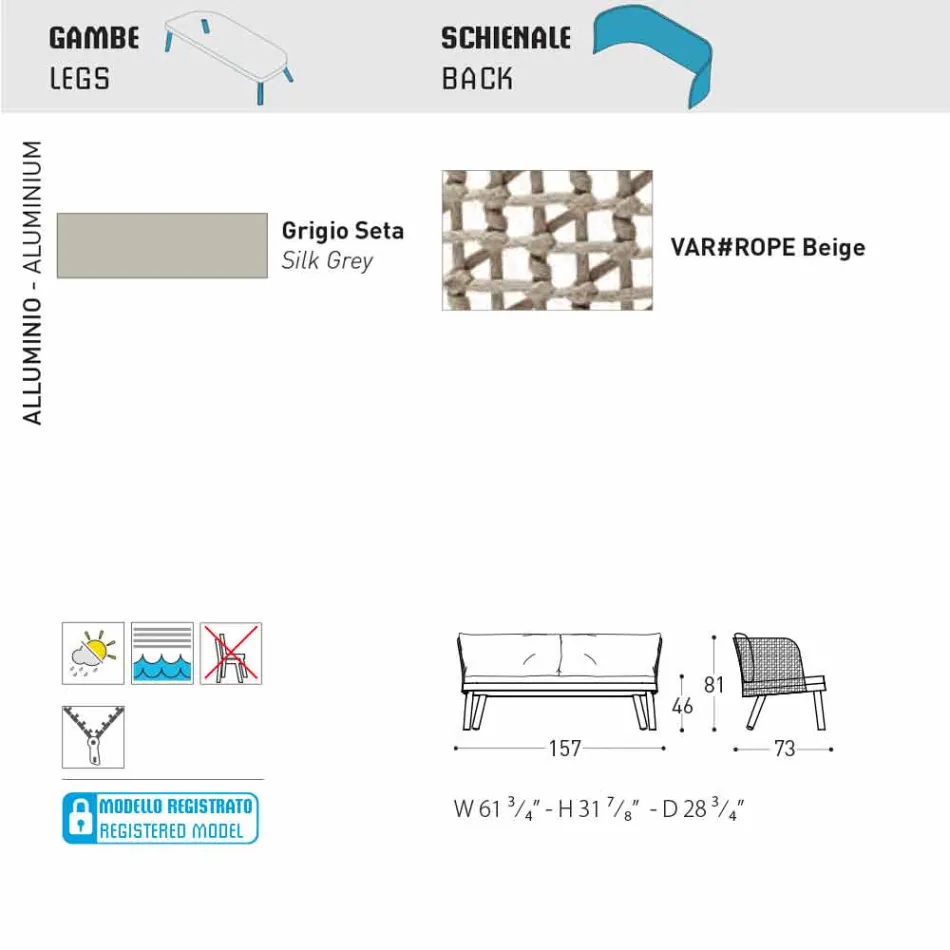 Varaschin Emma modern, cu două locuri, canapea de grădină tapițată Viadurini