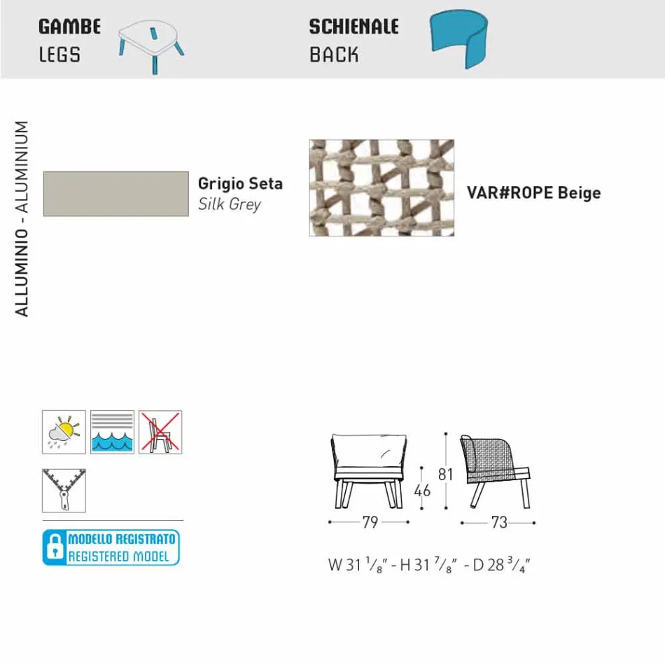 Varaschin Emma fotoliu de gradina tapițat în țesături și metal Viadurini