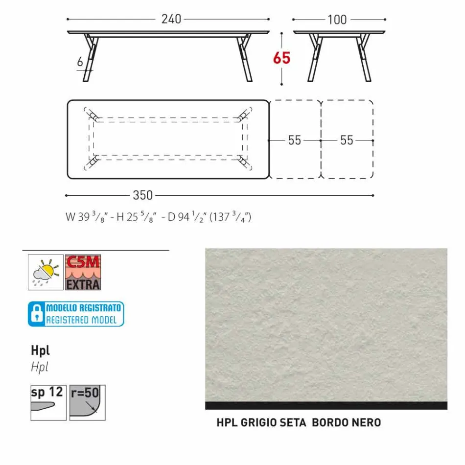 Varaschin Link tabel H grădină 65 cm extensibil până la 350 cm Viadurini