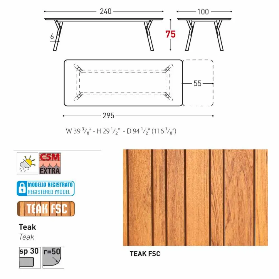 Varaschin Link tabel extensie grădină cu picioare din lemn de tec, H75 cm Viadurini