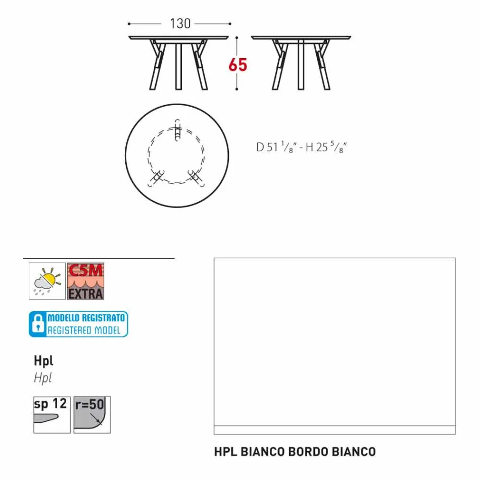 Legătură Varaschin Masă rotundă în aer liber cu picioare din lemn de tec, H 65cm Viadurini