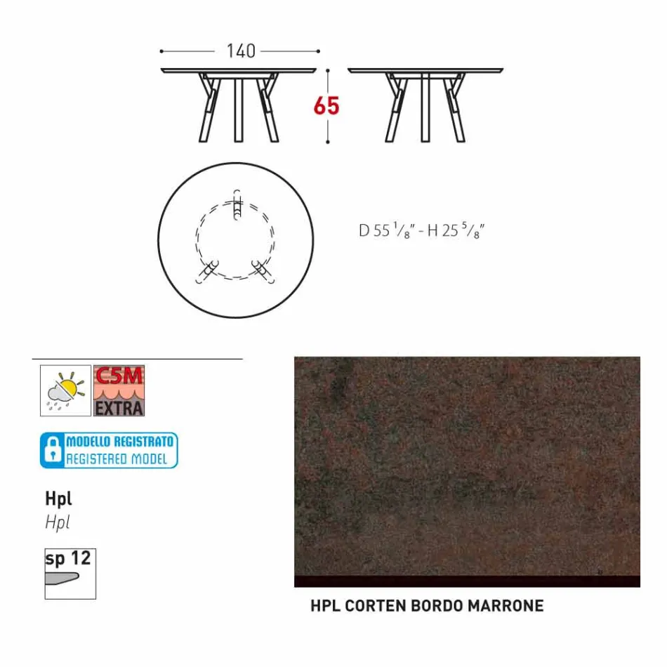 Legătură Varaschin Masă rotundă în aer liber cu picioare din lemn de tec, H 65cm Viadurini