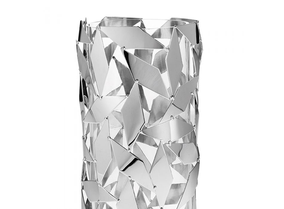 Vază cilindrică în sticlă și argint metalic Decorări geometrice de lux - Torresi Viadurini
