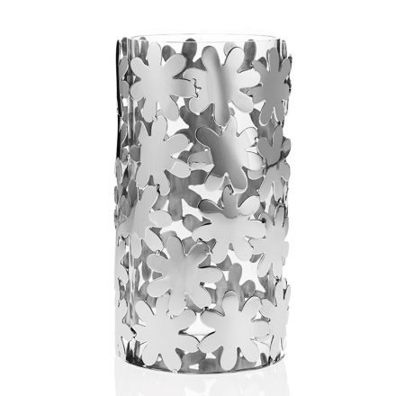 Vază cilindrică din sticlă și metal argintiu și decor de flori de lux - Terraceo Viadurini