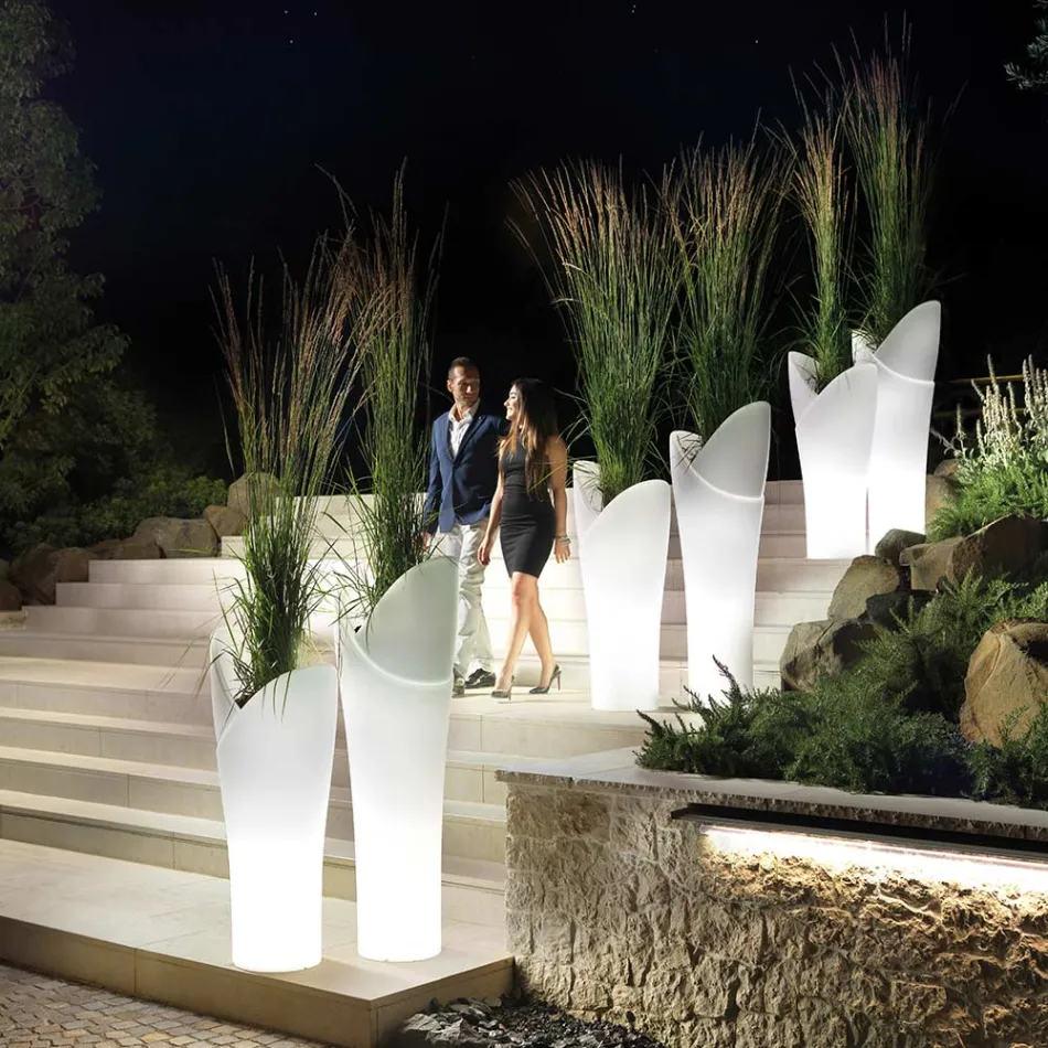 Vasă luminoasă de exterior din polietilenă albă, fabricată în Italia - Galileo Viadurini