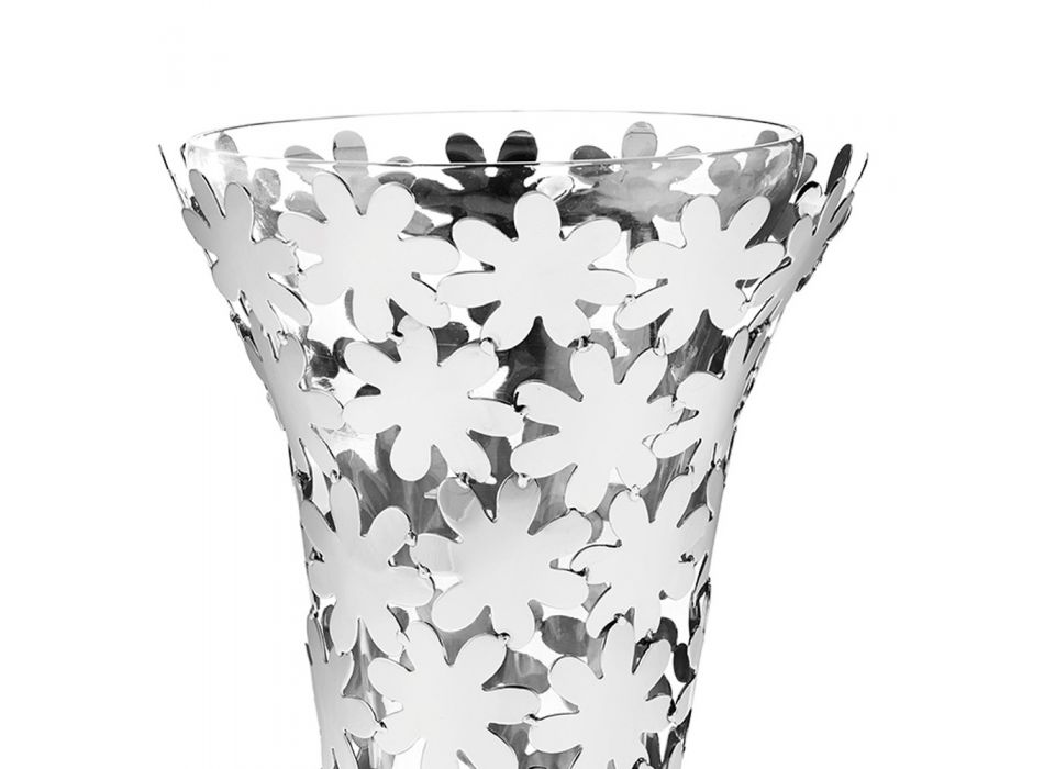 Vaza din sticlă și metal argintiu cu decor de flori de lux - Terraceo Viadurini