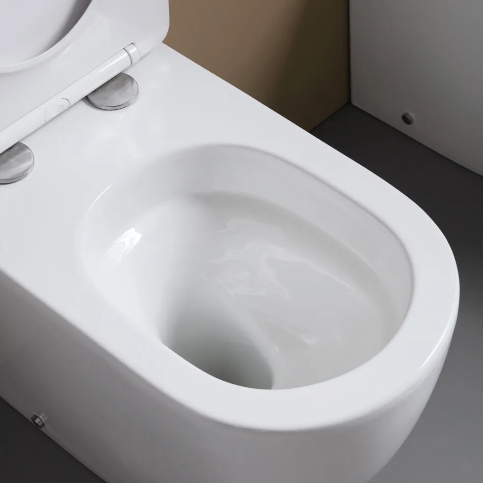 Toaletă montată pe podea cu capac cu închidere silențioasă din ceramică albă - Elm Viadurini