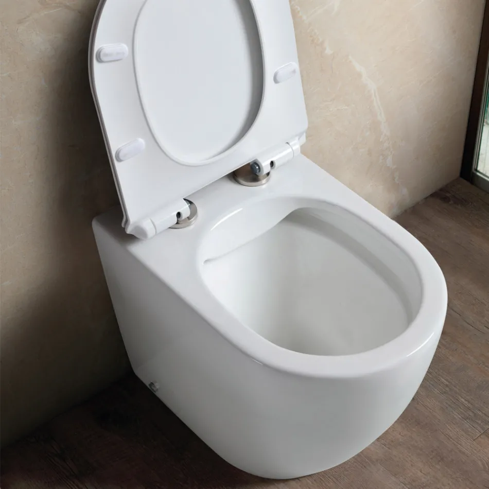 Toaletă Aster White Ceramic fără ramă, montată pe podea, cu capac cu închidere silențioasă   Viadurini