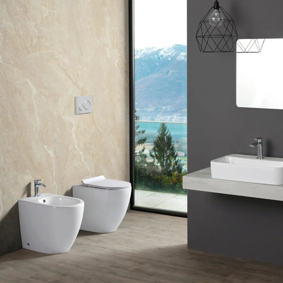 Toaletă Aster White Ceramic fără ramă, montată pe podea, cu capac cu închidere silențioasă   Viadurini