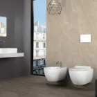 Toaletă suspendată fără ramă din ceramică albă Aster, cu capac cu închidere silențioasă Viadurini