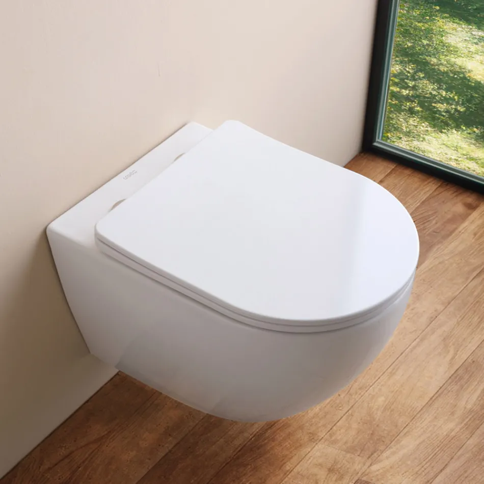 Toaletă suspendată fără ramă cu capac ceramic cu închidere silențioasă - Juniper   Viadurini