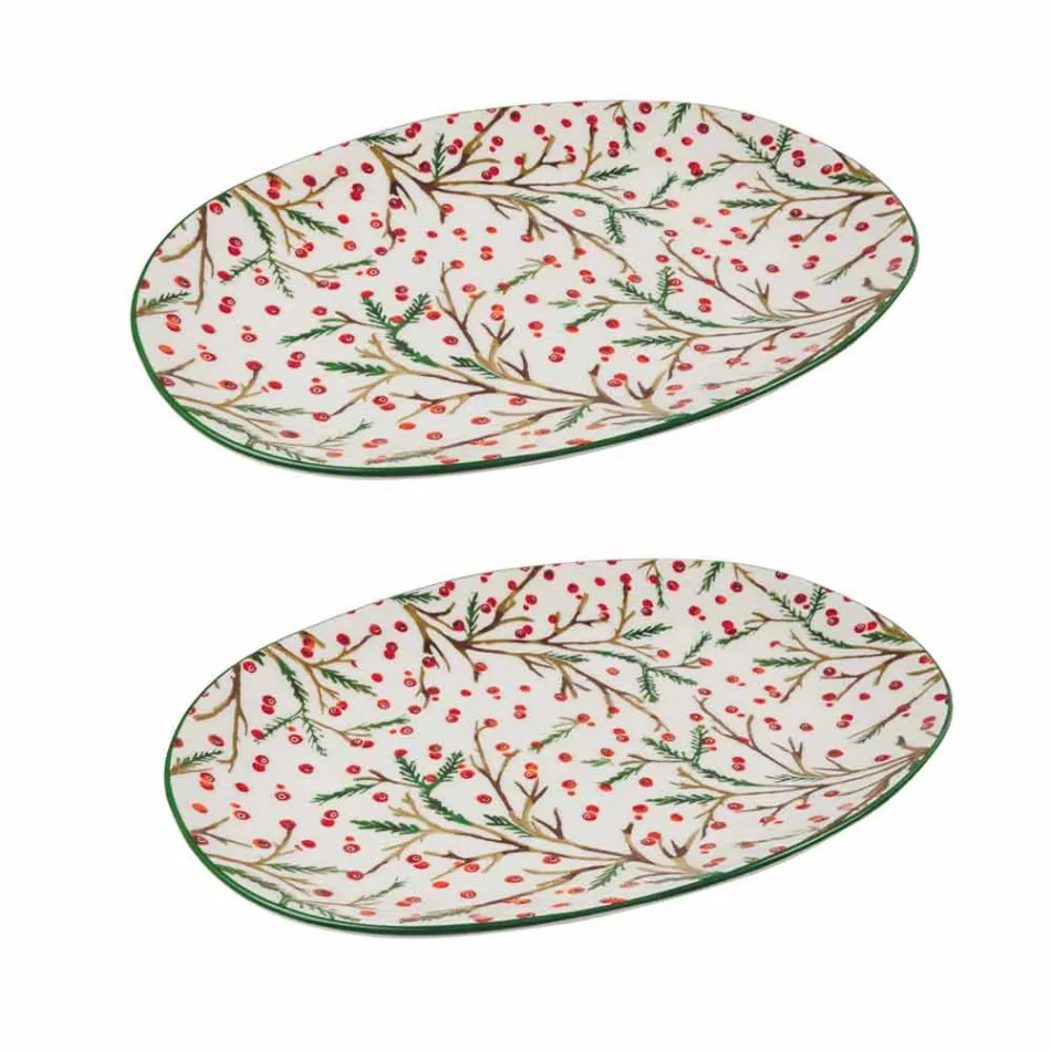 Tava de Crăciun Placă de servire din porțelan oval 2 bucăți - Mătură de măcelar Viadurini