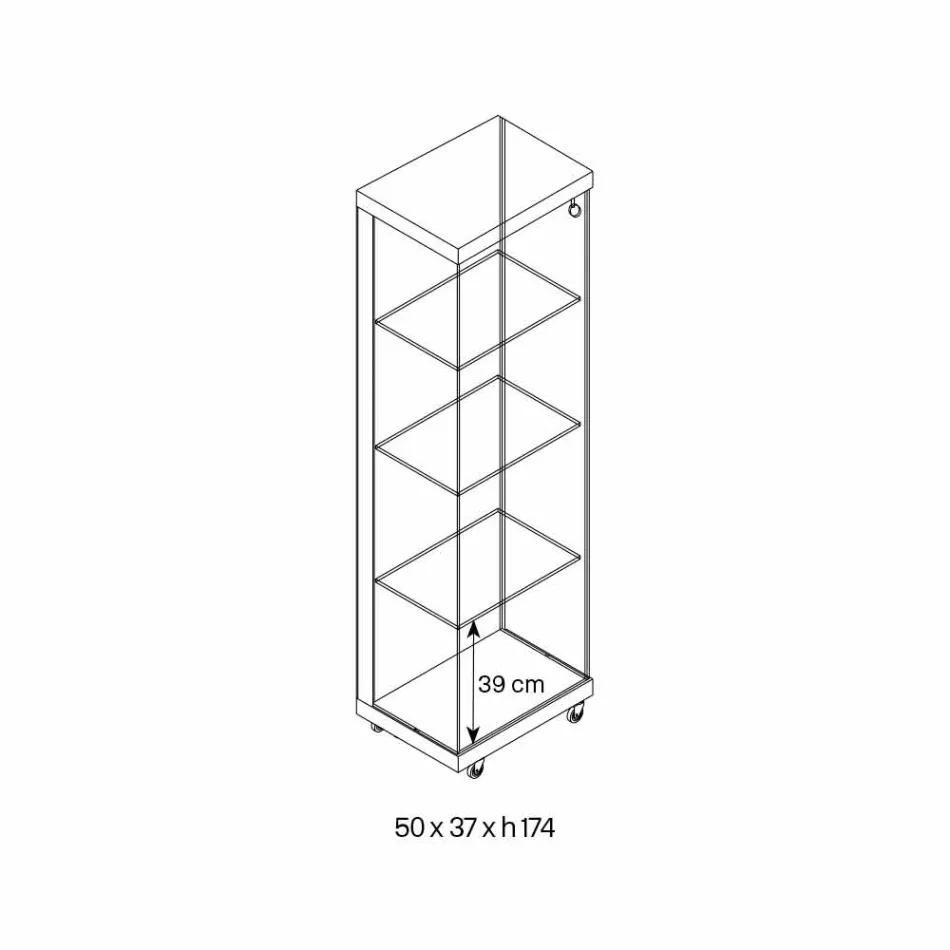 Vitrină de perete din sticlă și lemn alb, roți și rafturi iluminate - Armilla Viadurini