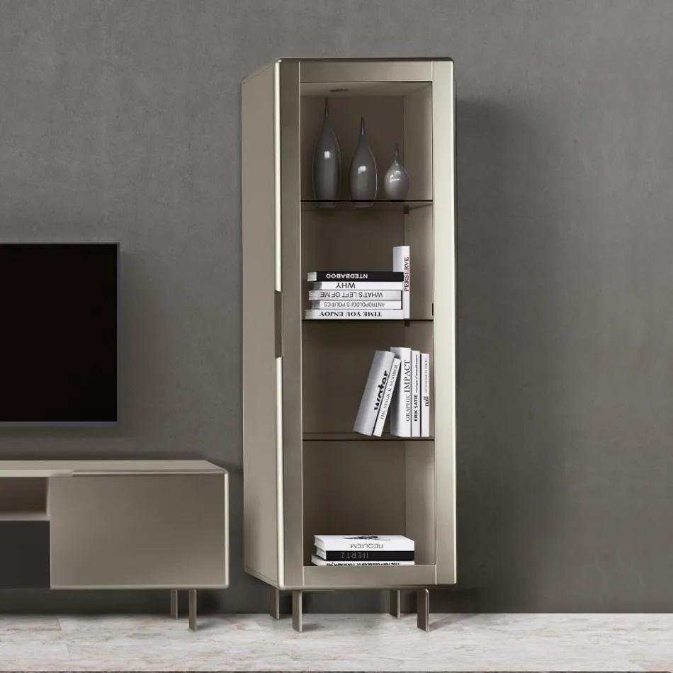 Vitrina living cu 1 usa din MDF, finisaj nichel, Made in Italy - Hilde Viadurini