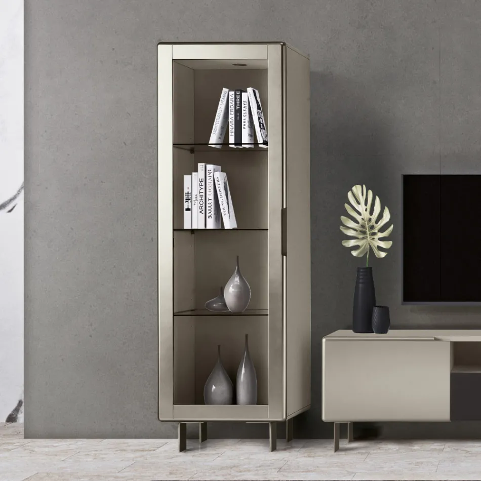 Vitrina living cu 1 usa din MDF, finisaj nichel, Made in Italy - Hilde Viadurini