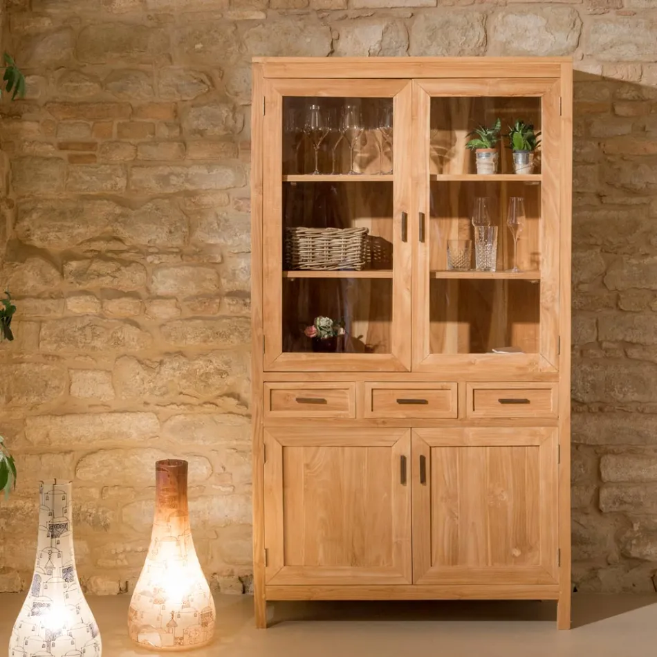 Vitrină de living Sanda din lemn masiv de tec cu 4 uși și 3 sertare Viadurini