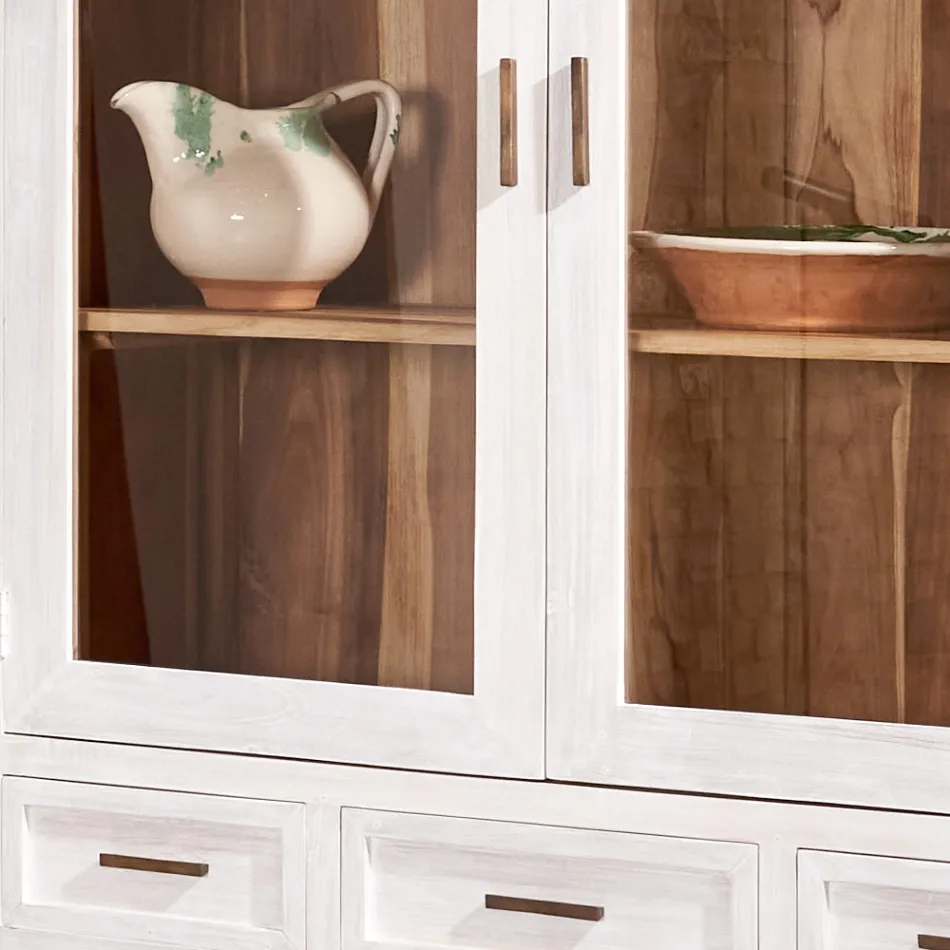 Vitrină de living Sanda din lemn masiv de tec cu 4 uși și 3 sertare Viadurini