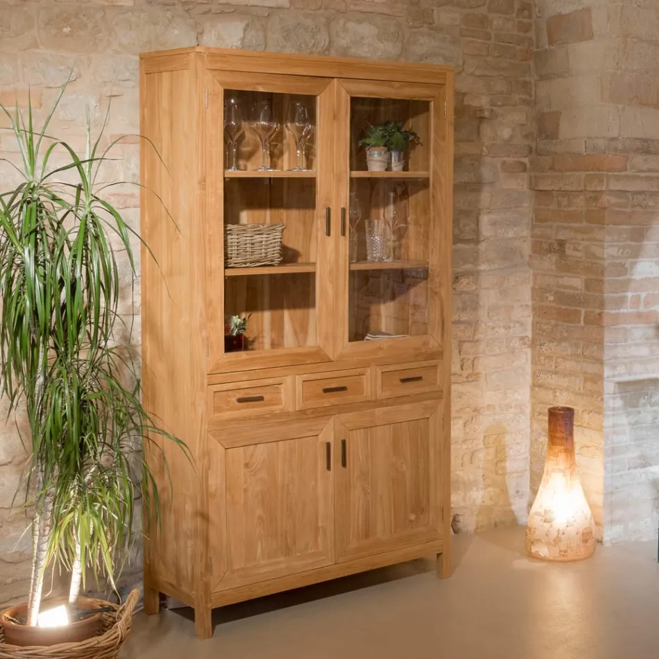 Vitrină de living Sanda din lemn masiv de tec cu 4 uși și 3 sertare Viadurini